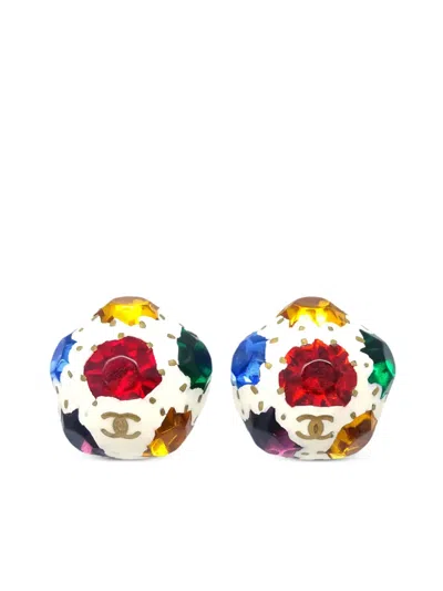 Pre-owned Chanel 1998 Cc Rhinestone-embellished Clip-on Earrings In Gold