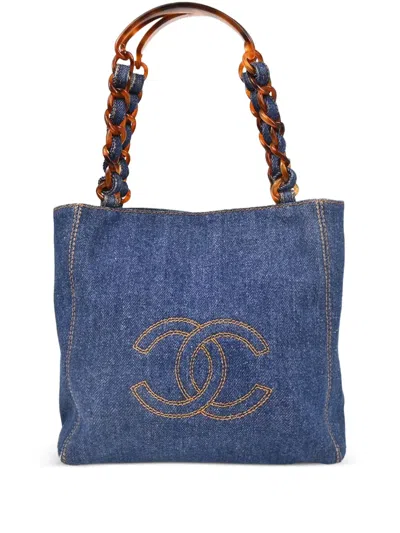 Pre-owned Chanel 1998 Denim Chain Tote Bag In Blue