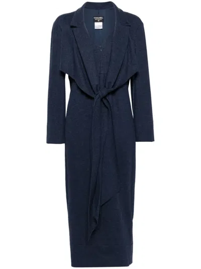 Pre-owned Chanel 1998 Draped Wool Midi Dress In Blue