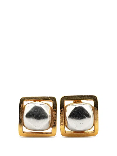 Pre-owned Chanel 1998 Gold Plated And Silver Square Bead Clip On Earrings Costume Earrings