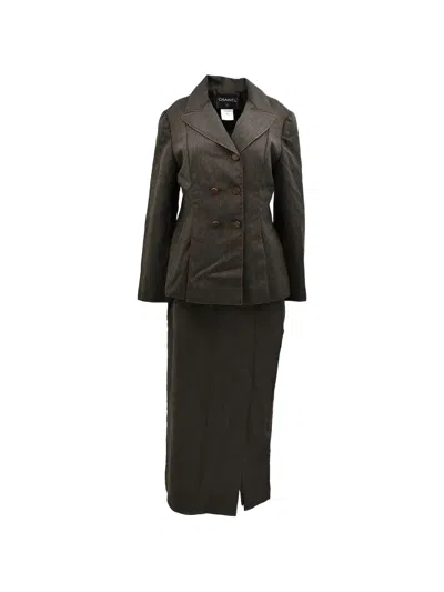 Pre-owned Chanel 1998 Herringbone Maxi Skirt Suit In Brown