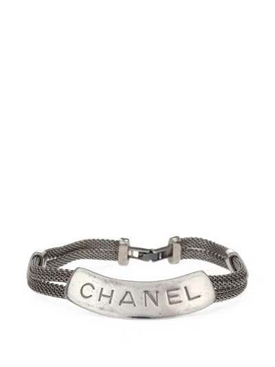 Pre-owned Chanel 1998 Logo Plate Bracelet In Silver