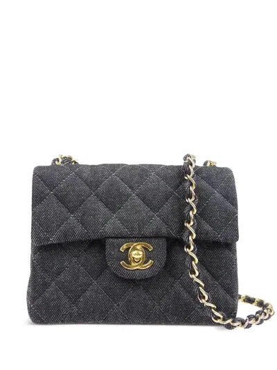 Pre-owned Chanel 1998 Mini Denim Classic Flap Shoulder Bag In Black