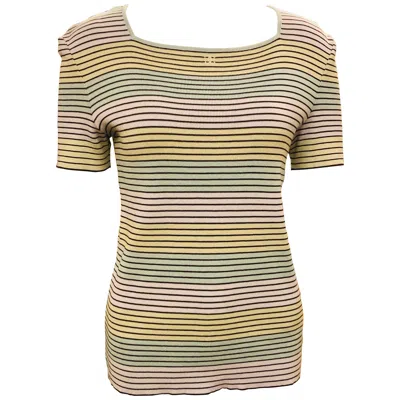 Pre-owned Chanel 1998 Multi-coloured “cc” Cotton Square Neck Stripe Short Sleeve Top In Sand