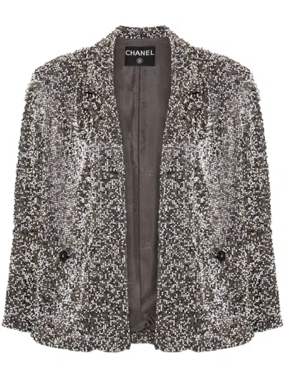 Pre-owned Chanel 1999 Beaded Cc Button Jacket In Grey