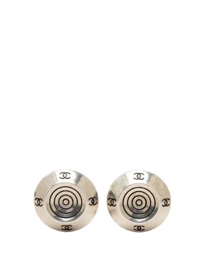 Pre-owned Chanel 1999 Cc Brass Target Round Clip On Earrings Costume Earrings In Silver