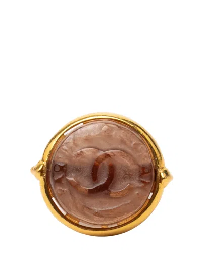Pre-owned Chanel 1999 Cc Gold Plated And Glass Round Ring Costume Ring In Brown