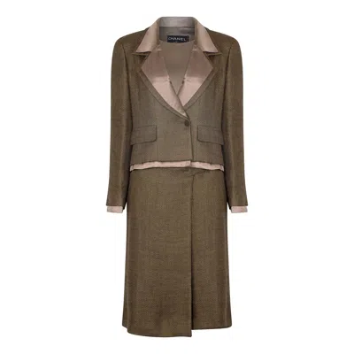Pre-owned Chanel 1999  Green Brown Tweed And Silk Three Piece Suit