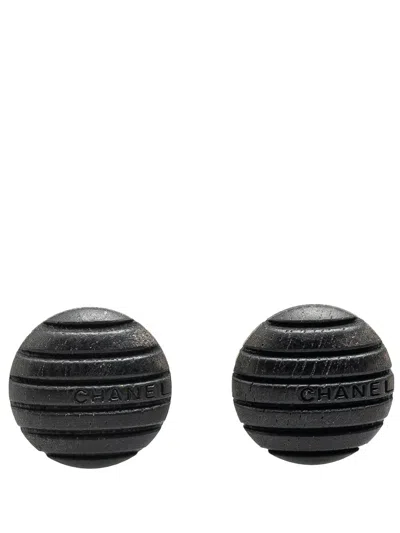 Pre-owned Chanel 1999 Wood Logo Button Push Back Costume Earrings In Black