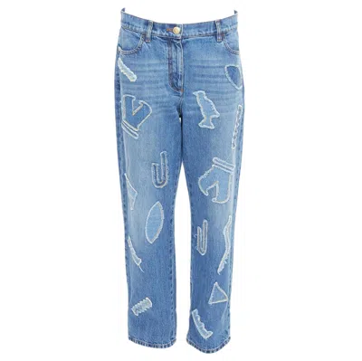 Pre-owned Chanel 19a Blue Cotton Hieroglyphics Patch Straight Leg Jeans Fr40 L