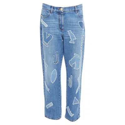 Pre-owned Chanel 19a Cotton Hieroglyphics Patch Straight Leg Jeans In Blue