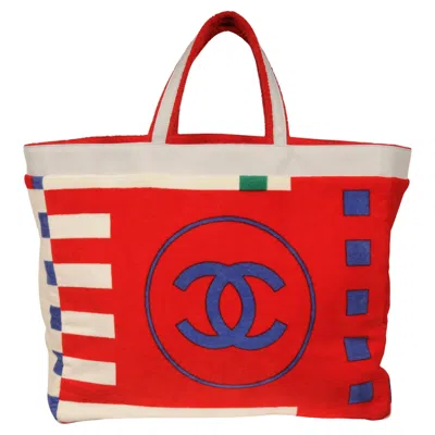 Pre-owned Chanel 19c Cc Terry Tote Bag Red Blue Beige Cotton Leather Trim Travel Beach Bag