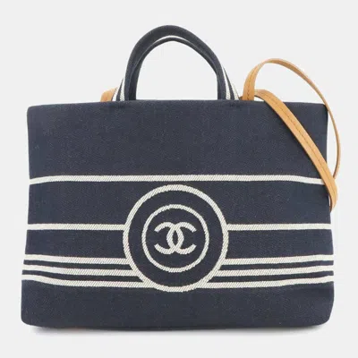 Pre-owned Chanel 2-way Hand/shoulder Bag In Denim Navy White And Brown. Denim Shopping Bag. In Blue