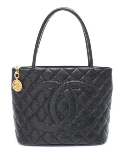 Pre-owned Chanel 2000-2002 Caviar Medallion Tote Bag In Black