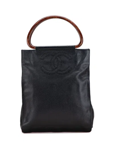 Pre-owned Chanel 2000-2002 Cc Caviar Wood Top Handle Tote Bag In Black