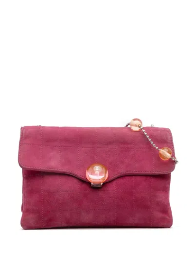 Pre-owned Chanel 2000-2002 Cc Choco Bar Suede Beaded Chain Flap Shoulder Bag In Pink