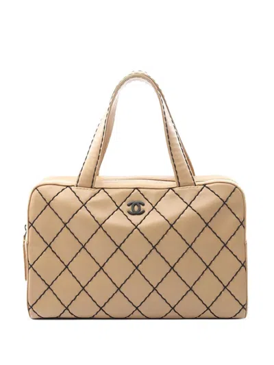 Pre-owned Chanel 2000-2002 Cc Lambskin Wild Stitch Handbag In Brown