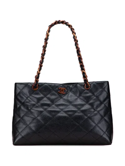 Pre-owned Chanel 2000-2002 Cc Quilted Caviar Tortoise Chain Tote Bag In Black