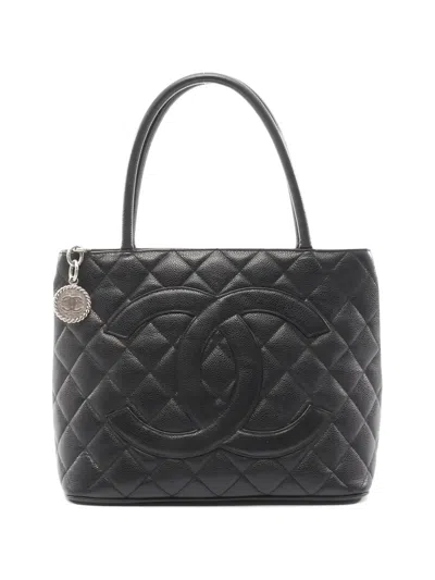 Pre-owned Chanel 2000-2002 Medallion Quilted Leather Tote Bag In Black