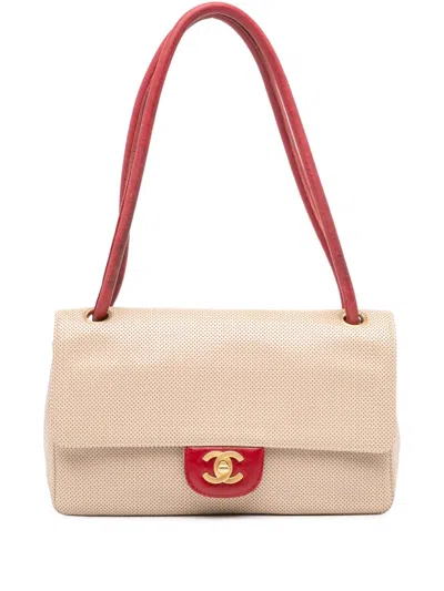 Pre-owned Chanel 2000-2002 Medium Cc Perforated Calfskin Single Flap Shoulder Bag In Brown