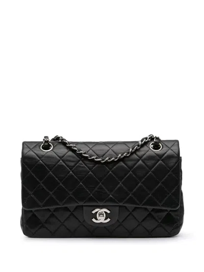 Pre-owned Chanel 2000-2002 Medium Classic Lambskin Double Flap Shoulder Bag In Black