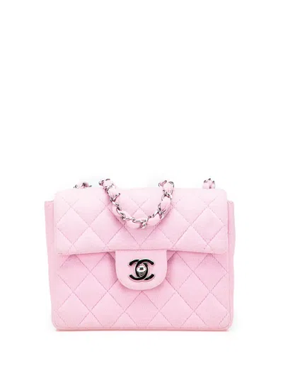 Pre-owned Chanel 2000-2002 Mini Square Classic Jersey Single Flap Crossbody Bag In Pink
