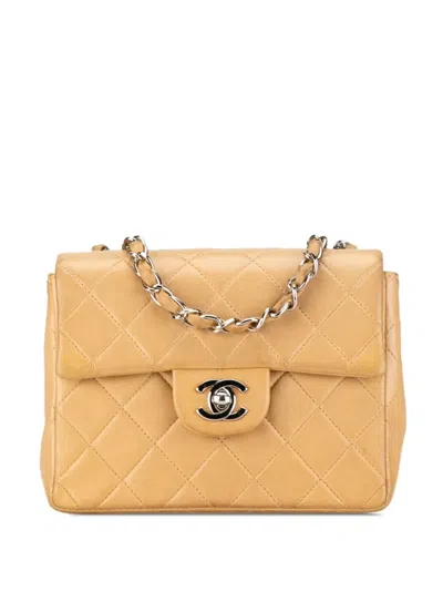 Pre-owned Chanel 2000-2002 Mini Square Classic Lambskin Single Flap Crossbody Bag In Brown