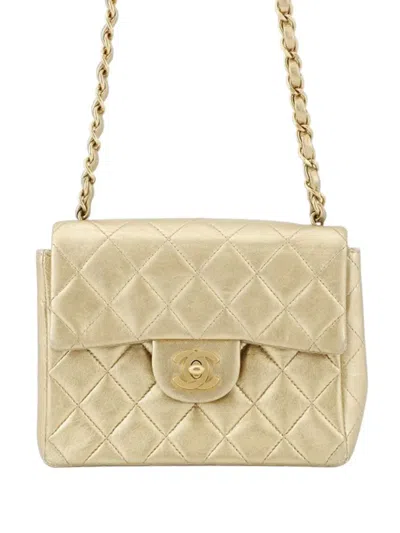 Pre-owned Chanel 2000-2002 Mini Square Classic Lambskin Single Flap Crossbody Bag In Gold