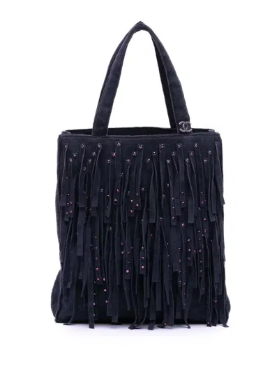 Pre-owned Chanel 2000-2002 Mini Suede Studded Fringe Tote Bag In Purple