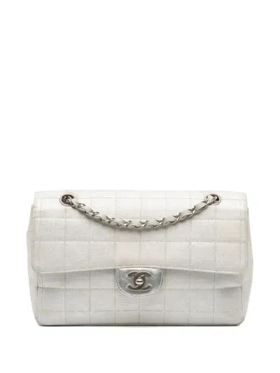 Pre-owned Chanel 2000-2002 New Travel Line Medium Metallic Nylon Single Flap Shoulder Bag In Silver