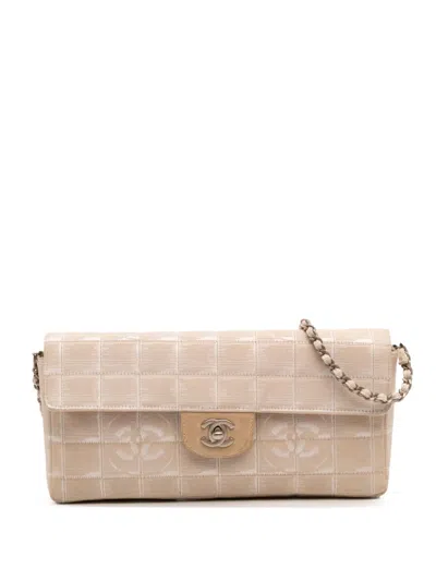 Pre-owned Chanel 2000-2002 New Travel Line Nylon East West Flap Shoulder Bag In Brown