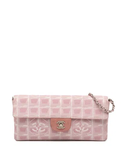 Pre-owned Chanel 2000-2002 New Travel Line Nylon East West Flap Shoulder Bag In Pink