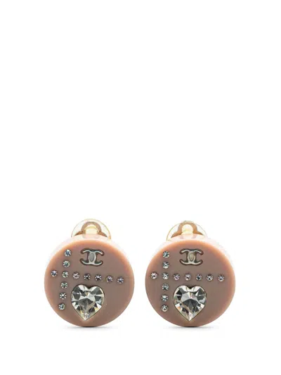 Pre-owned Chanel 2000-2010 Resin And Silver Cc Rhinestone Clip On Earrings Costume Earrings In Pink