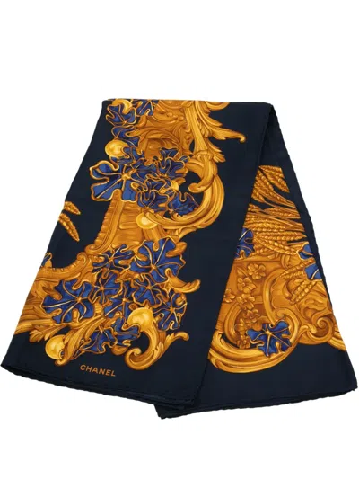 Pre-owned Chanel 2000-2020 Baroque Wheat Floral Silk Scarf Scarves In Blue