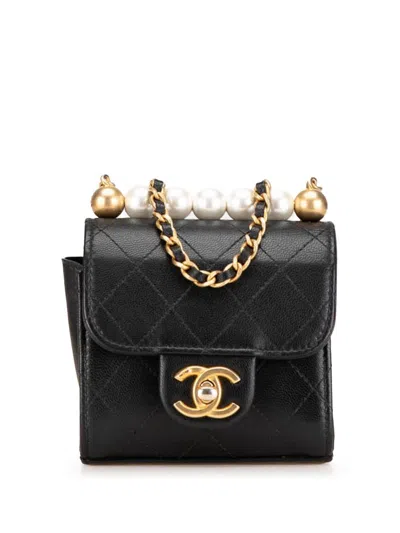 Pre-owned Chanel 2000-2023 Mini Goatskin Chic Pearls Clutch On Chain Crossbody Bag In Black