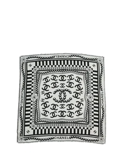 Pre-owned Chanel 2000-2025 Cc Camellia Wool Silk Square Scarf Scarves In Black