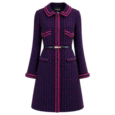 Pre-owned Chanel 2000 Artefact Collectible Tweed Coat With Logo Belt 40 Fr In Black