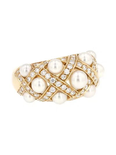 Pre-owned Chanel 2000's Baroque Diamond Pearl Ring In Gold