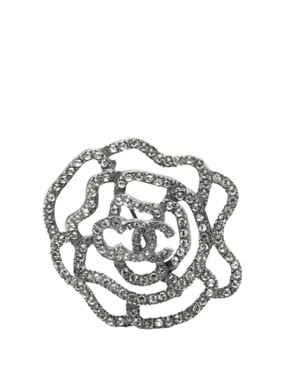 Pre-owned Chanel 2000 Brass And Strass Camelia Pin Brooch Costume Brooch In Silver