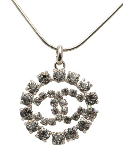 Pre-owned Chanel 2000 Cc Brass Strass Pendant Necklace Costume Necklace In Silver