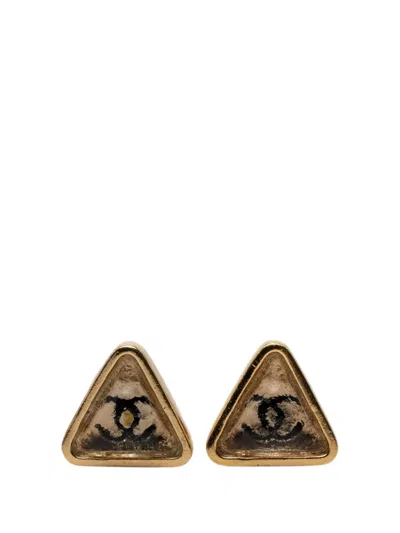 Pre-owned Chanel 2000 Cc Gold Plated Gripoix Triangle Push Back Earrings Costume Earrings