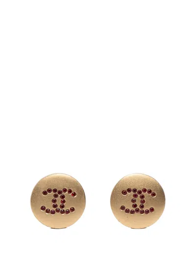 Pre-owned Chanel 2000 Cc Gold Plated Rhinestone Round Clip On Earrings Costume Earrings