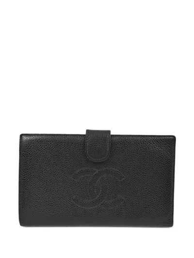 Pre-owned Chanel 2000 Cc Stitch Long Flap Wallet In Black