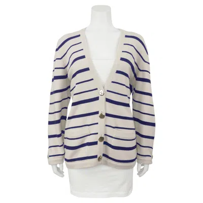 Pre-owned Chanel 2000's  Scottish Cashmere Beige And Navy Stripe Cardigan In Blue