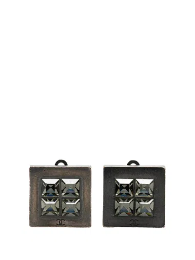 Pre-owned Chanel 2000 Silver Plated Square Crystal Clip On Earrings Costume Earrings