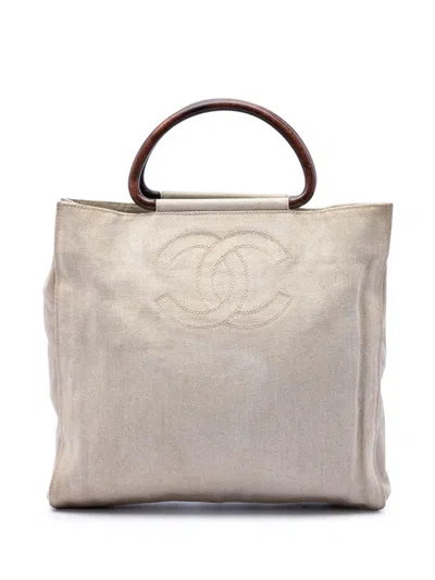 Pre-owned Chanel 2000-2002 Cc Canvas Wooden Handle Tote Bag In Neutral