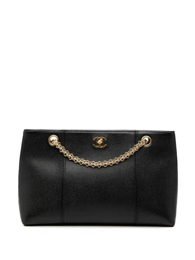 Pre-owned Chanel 2000-2002 Cc Caviar Chain Shopping Tote Bag In Black