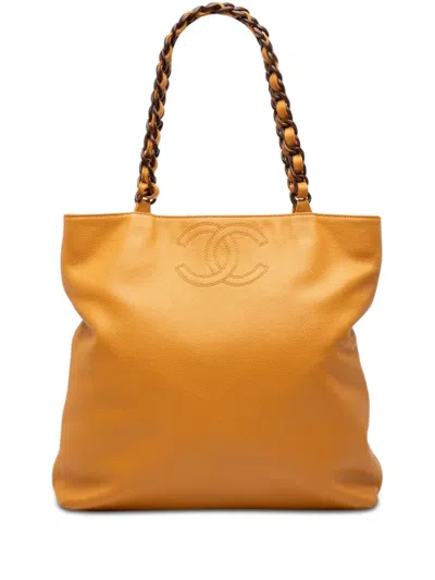 Pre-owned Chanel 2000-2002 Cc Caviar Tortoise Chain Tote Bag In Yellow