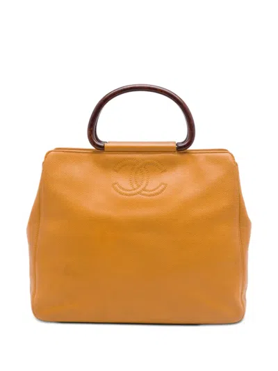 Pre-owned Chanel 2000-2002 Cc Caviar Wood Top Handle Tote Bag In Yellow