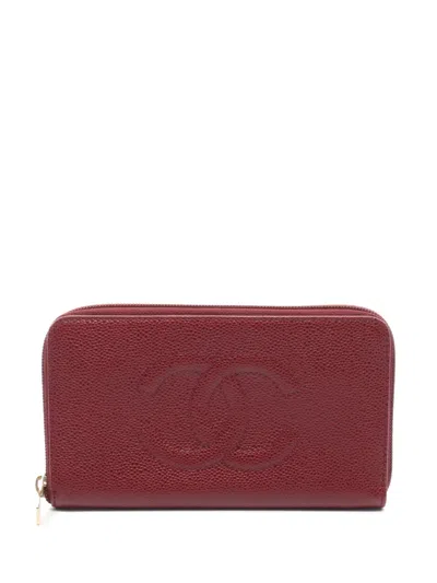 Pre-owned Chanel 2000-2002 Cc Caviar Zip Around Wallet Long Wallets In Red